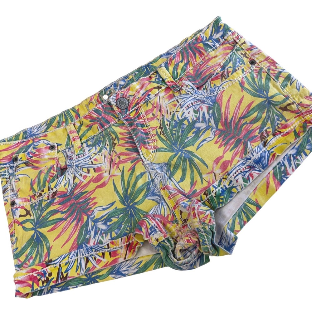 rue21 Y2K Booty Shorts Yellow Tropical Palm Print Festival Indie Size 13/14